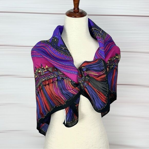 Albert Nipon Wool Square Scarf Purple Multicolor Persian Motifs Excellent 38x38 - Picture 5 of 16